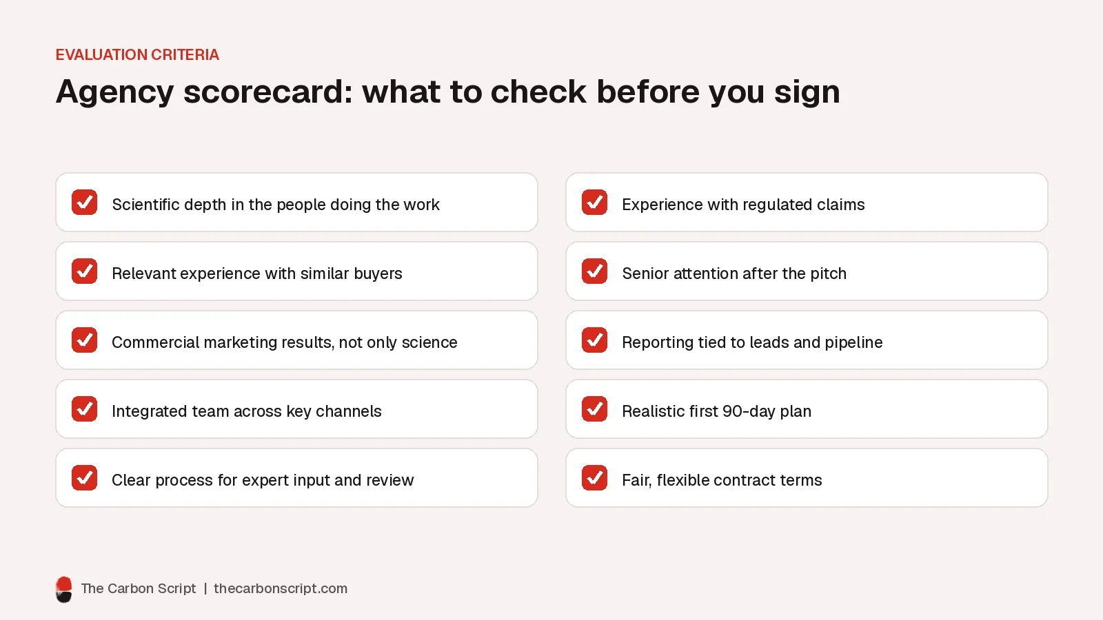Checklist of ten criteria for evaluating a life science marketing agency, including scientific depth, relevant experience, commercial results, integrated team, review process, regulatory experience, senior attention, pipeline reporting, a 90-day plan and fair contract terms